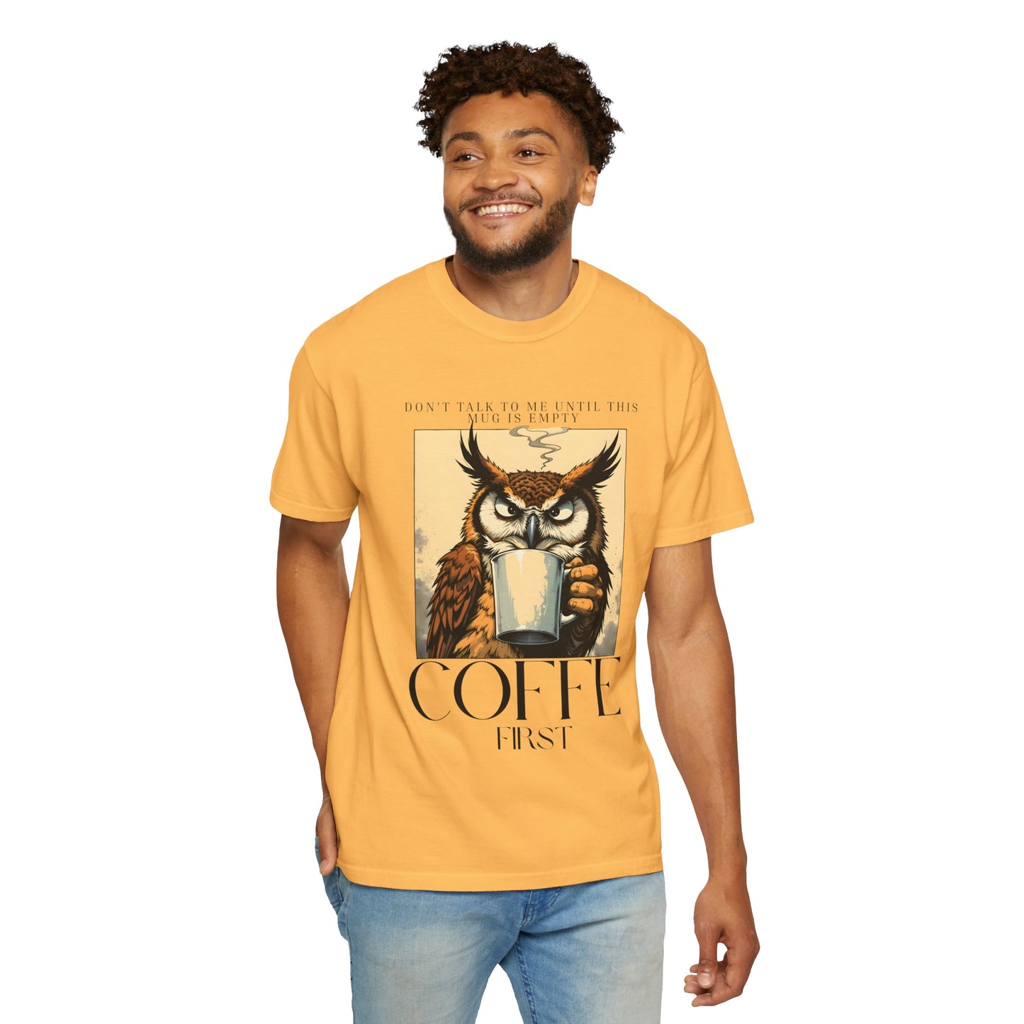 Coffee First Owl T-Shirt — Vintage Coffee Lover Graphic Tee