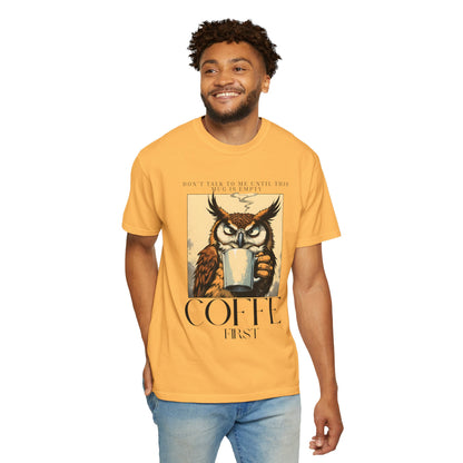 Coffee First Owl T-Shirt — Vintage Coffee Lover Graphic Tee