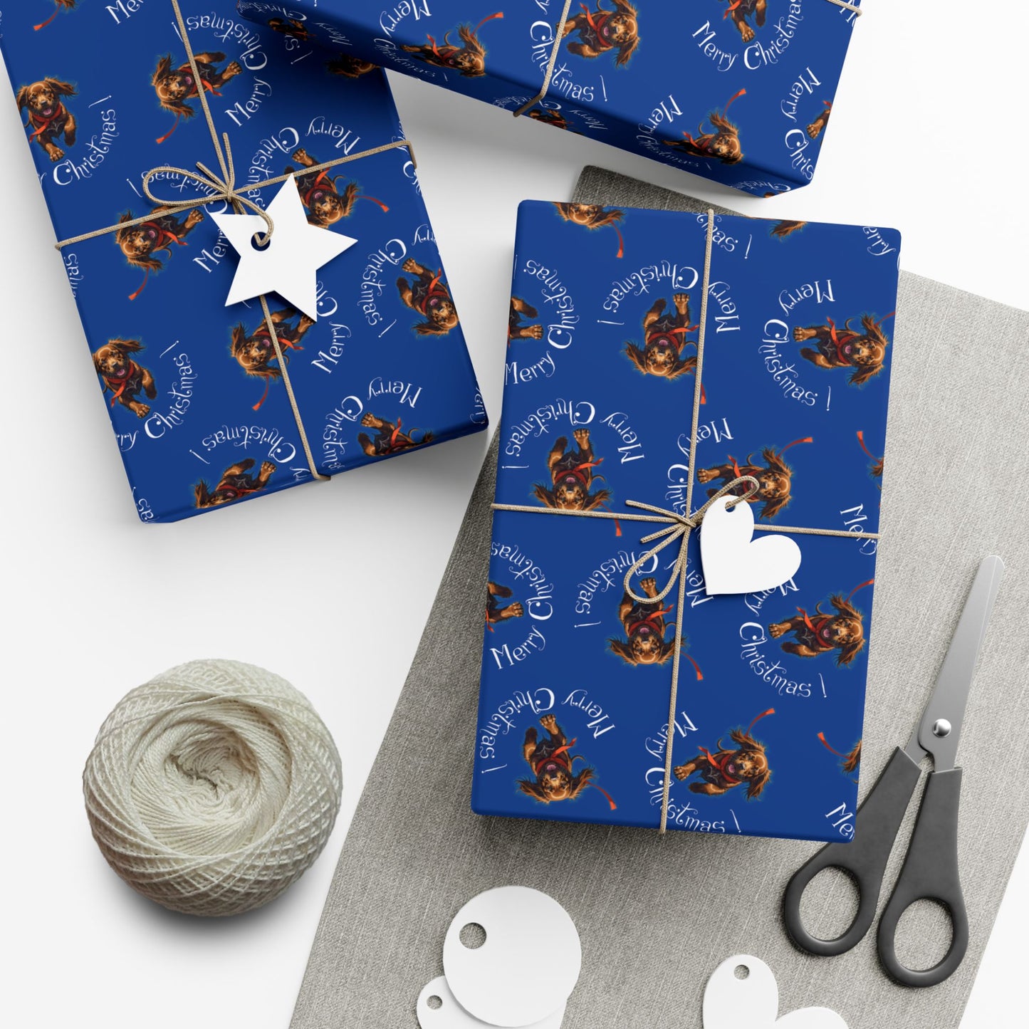 Blue Holiday Wrapping Paper with Reindeer & "Merry Christmas" Pattern