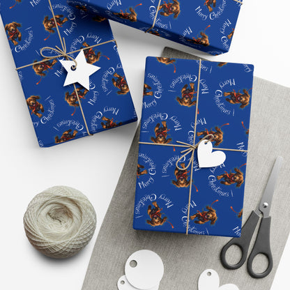Blue Holiday Wrapping Paper with Reindeer & "Merry Christmas" Pattern