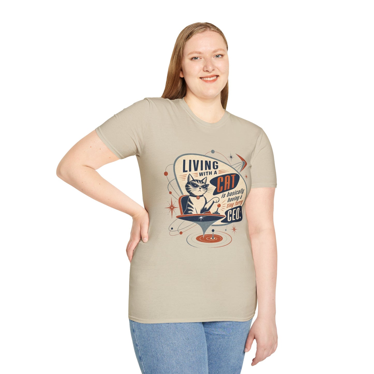 Cat T-Shirt — "Living with a Cat is Basically Having a Furry CEO" Retro Graphic