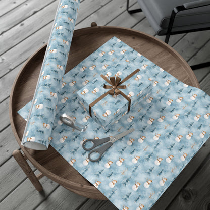 Snowman & Pine Holiday Gift Wrap Paper — Blue Winter Christmas Wrapping Sheets