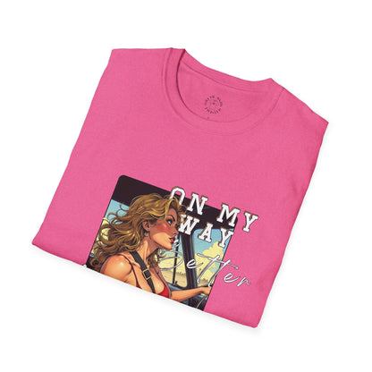 Vintage-Inspired Unisex Softstyle T-Shirt - 'On My Way to Better Life'woman driving,twisted