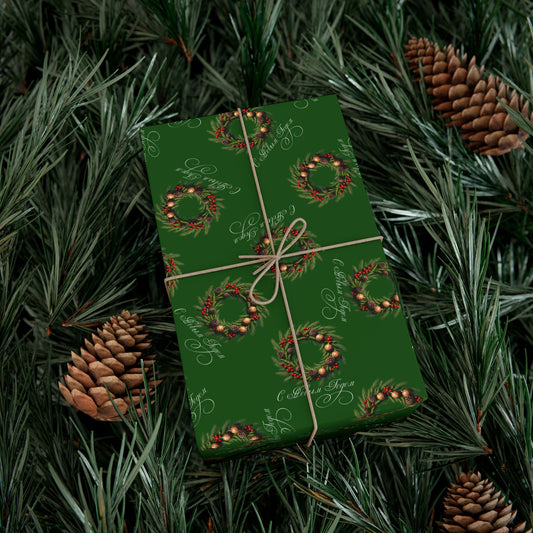 Gift Wrap Paper — Classic Christmas Wreaths on Green (Holiday Wrapping Paper)