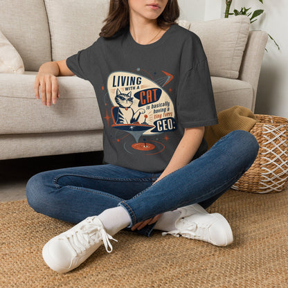 Cat T-Shirt — "Living with a Cat is Basically Having a Furry CEO" Retro Graphic