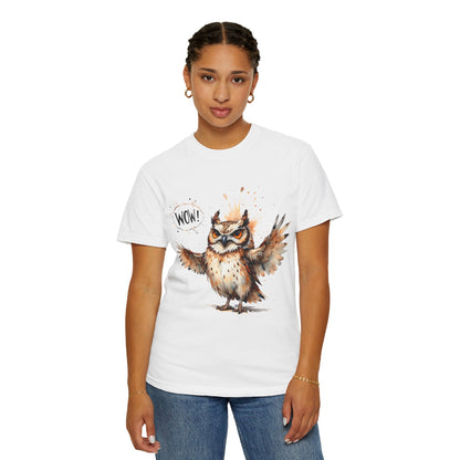 Owl Watercolor T-Shirt — Cute 'Wow!' Cartoon Owl Graphic Tee