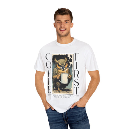 Coffee First Owl T-Shirt — Vintage Owl Holding  Graphic Tee