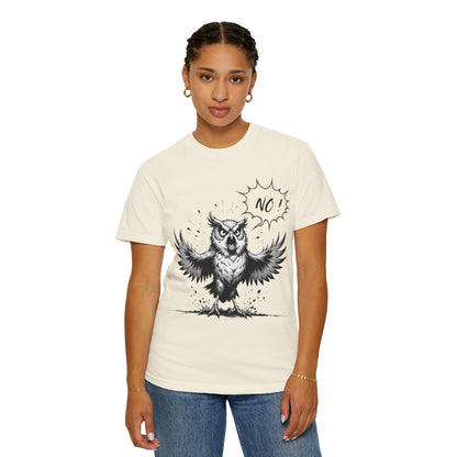 Owl Saying “No” Graphic T-Shirt — Bold Monochrome Illustration