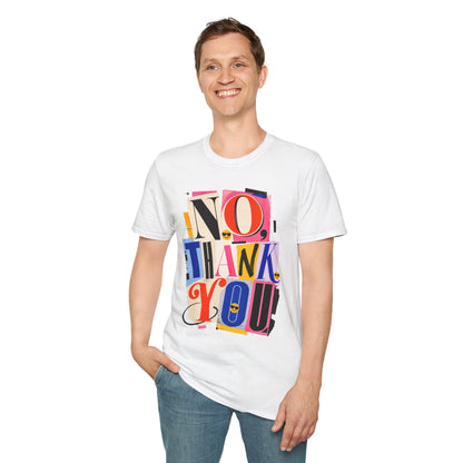 No, Thank You Graphic Tee — Colorful Bold Lettering T‑Shirt