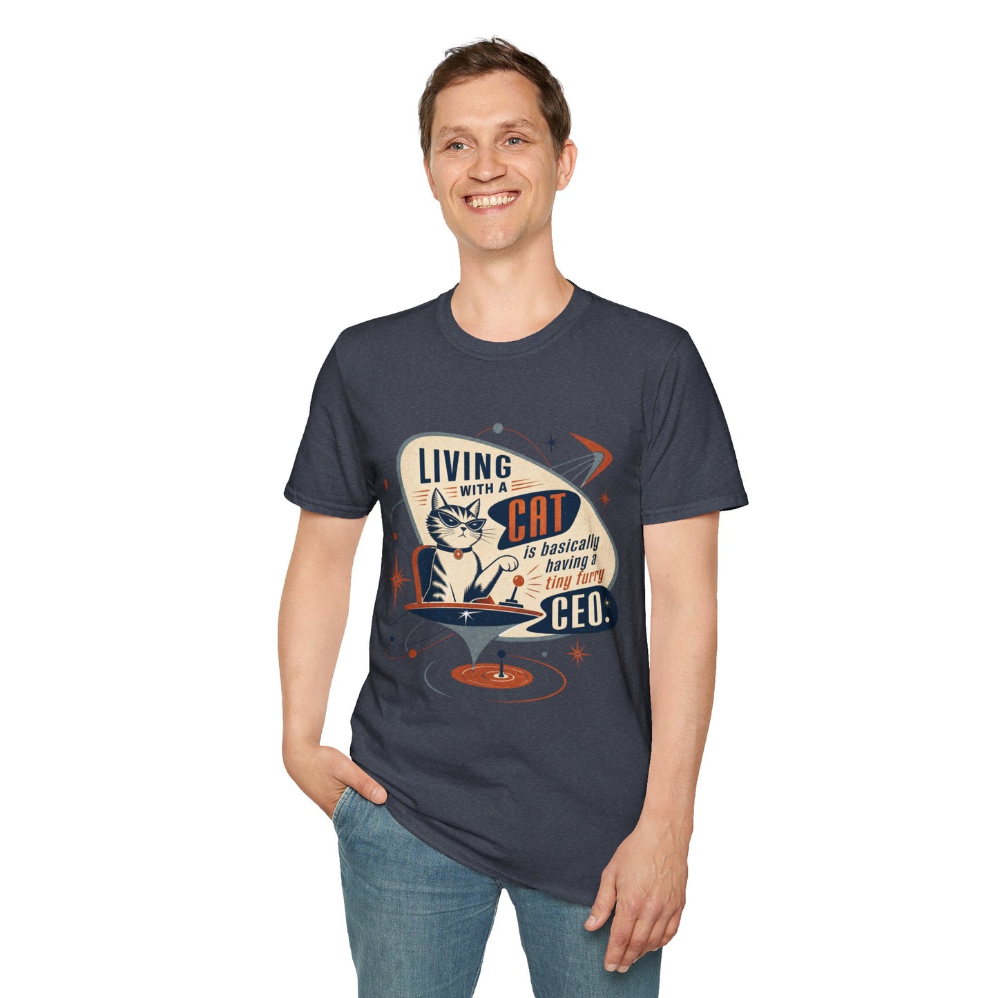 Cat T-Shirt — "Living with a Cat is Basically Having a Furry CEO" Retro Graphic