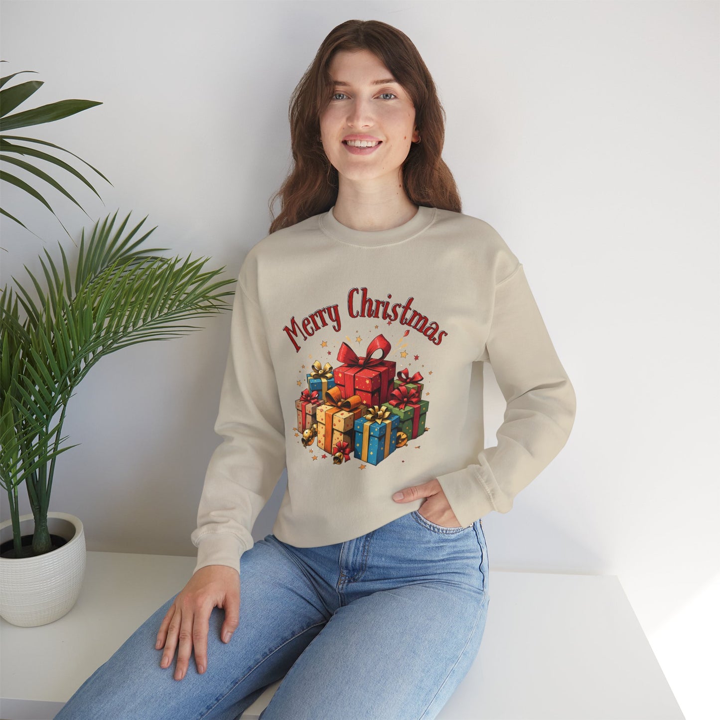 Christmas Crewneck Sweatshirt — "Merry Christmas" with Festive Gift Pile