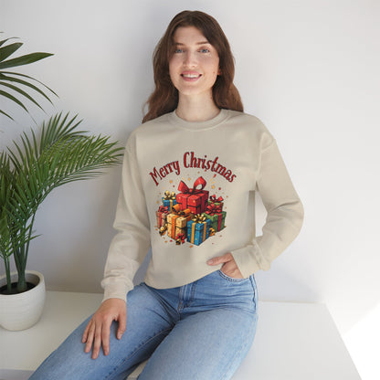 Christmas Crewneck Sweatshirt — "Merry Christmas" with Festive Gift Pile