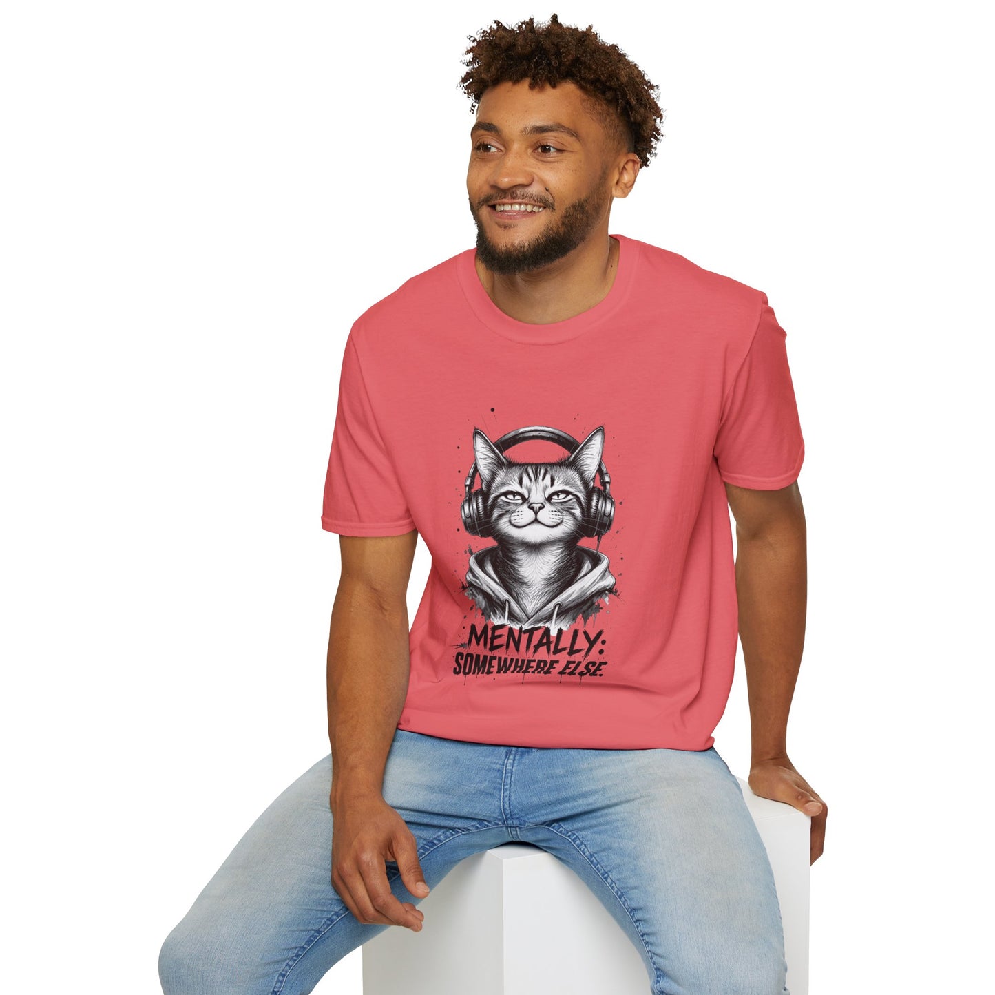 T-Shirt — Cat with Headphones "Mentally: Somewhere Else" – Cute Relaxed Graphic Tee for Cat Lovers