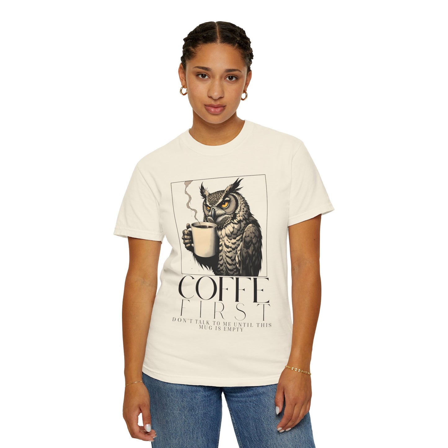 Coffee First Owl T-Shirt — Coffee Lover Graphic Tee