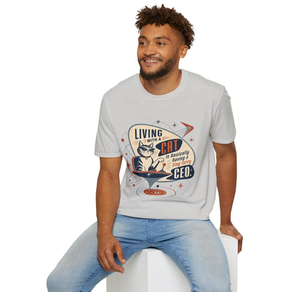 Cat T-Shirt — "Living with a Cat is Basically Having a Furry CEO" Retro Graphic