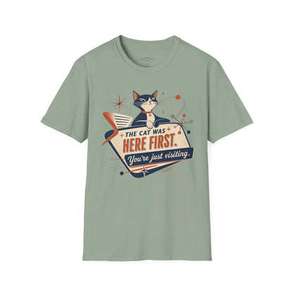 Cat Was Here First T-Shirt — Retro Mid-Century Kitty "You’re Just Visiting" Tee