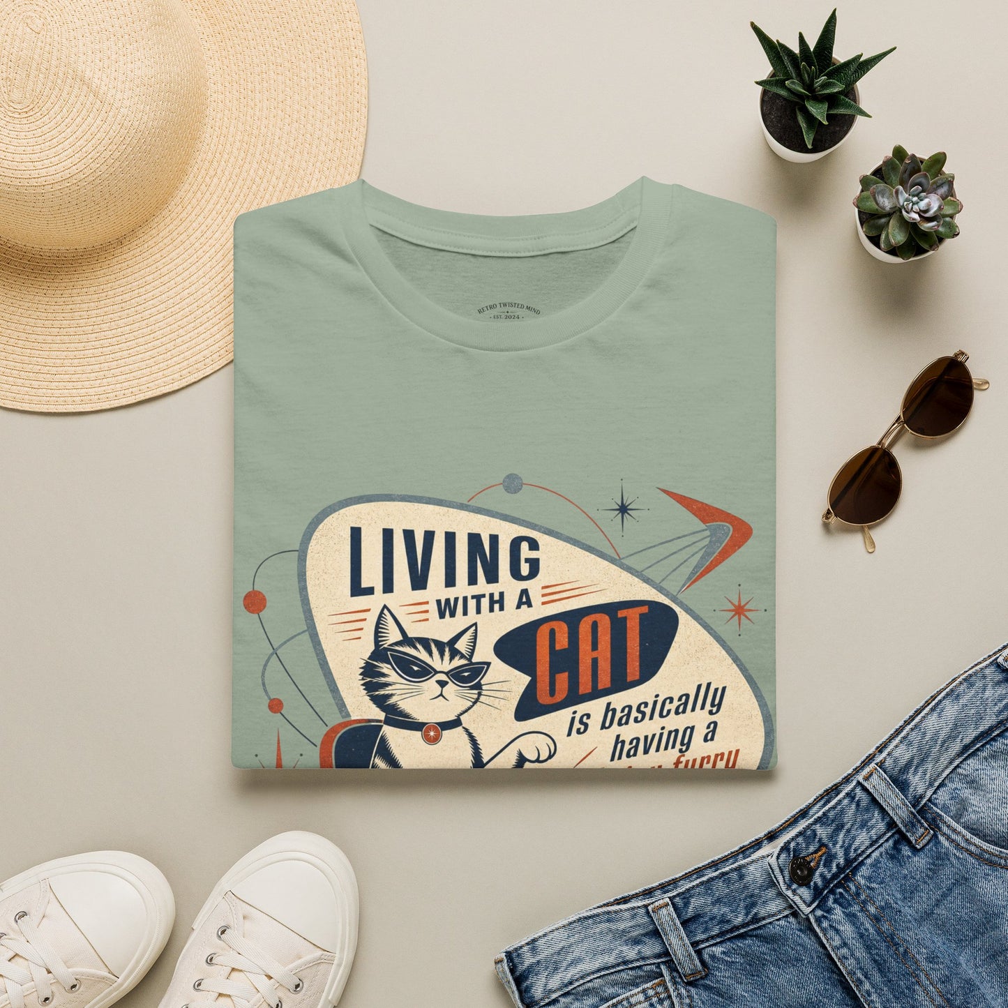 Cat T-Shirt — "Living with a Cat is Basically Having a Furry CEO" Retro Graphic