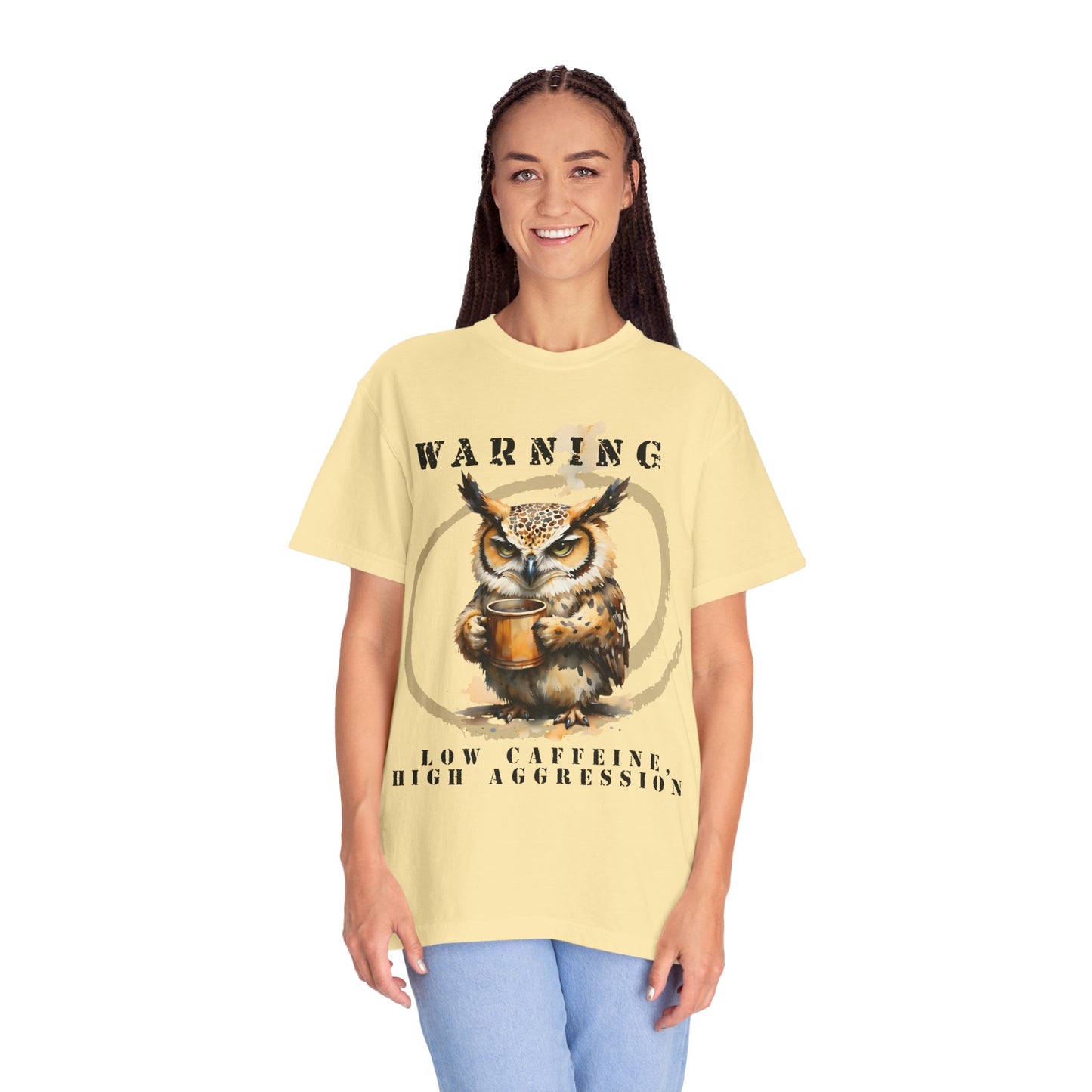 Warning Owl T-Shirt — "Low Caffeine, High Aggression" Graphic Tee