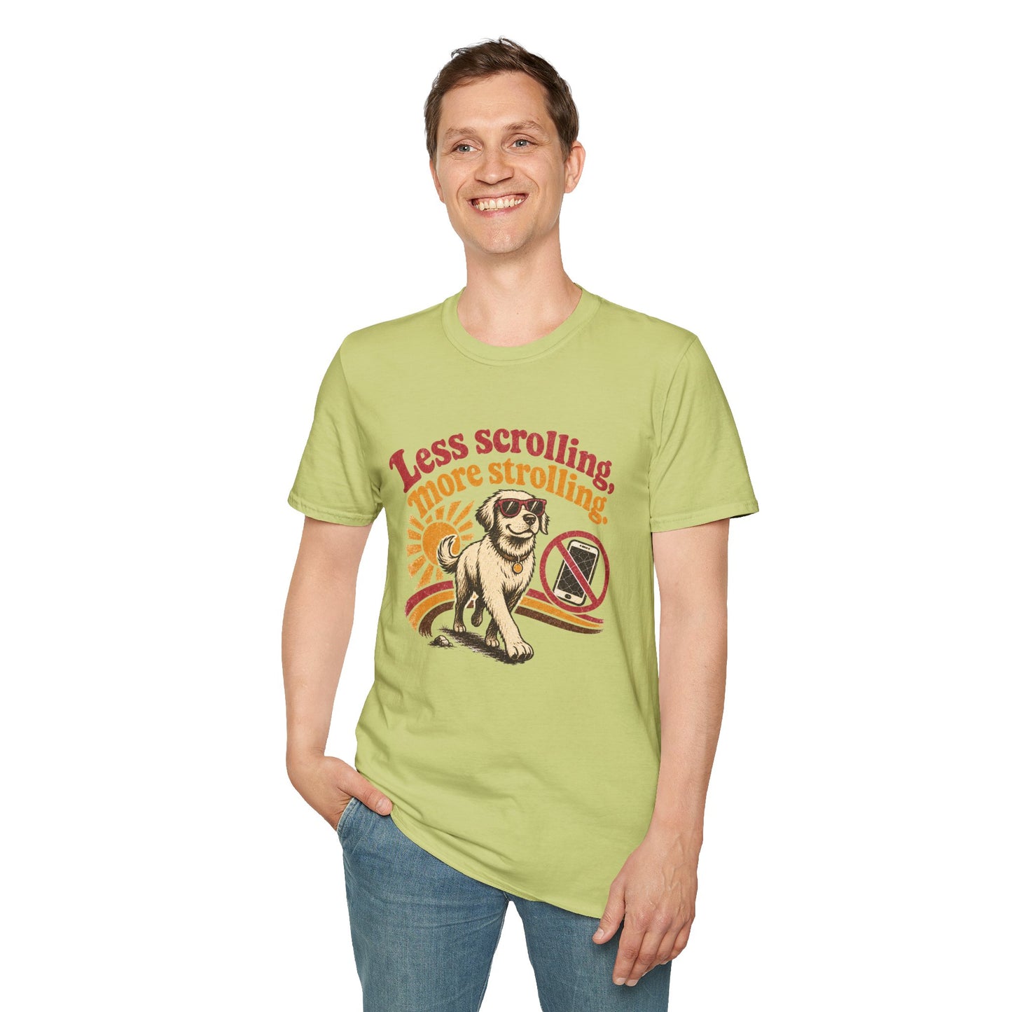 Less Scrolling More Strolling T-Shirt — Retro Dog Walk Graphic Tee