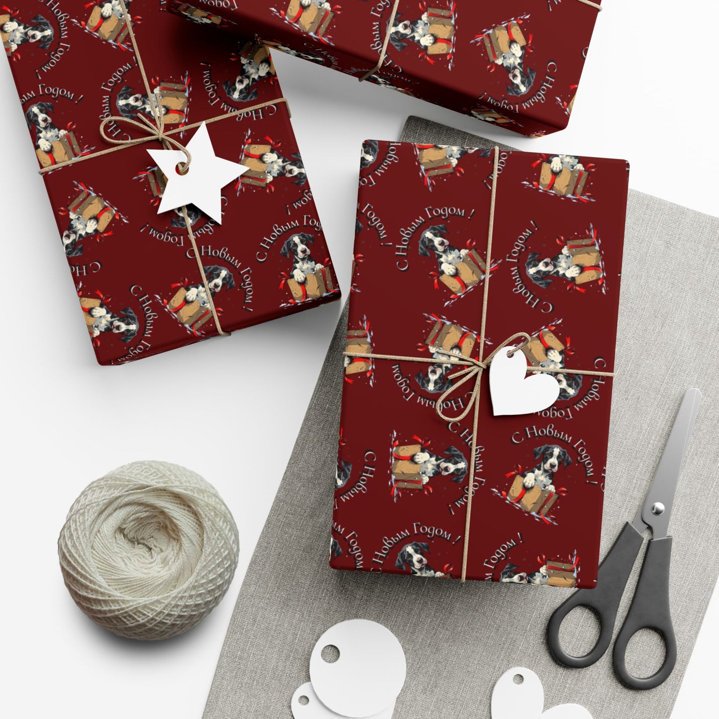 Christmas Gift Wrap Paper - Festive Santa & Gifts Pattern on Burgundy