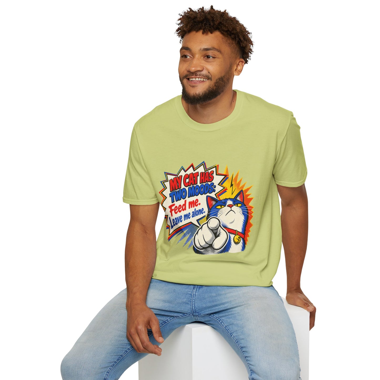 Cat T-Shirt — "My Cat Has Two Moods: Feed Me, Leave Me Alone" Funny Retro Comic Tee