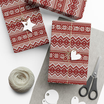 Holiday Knit-Pattern Gift Wrap Paper — Red Nordic Christmas Wrapping Sheets