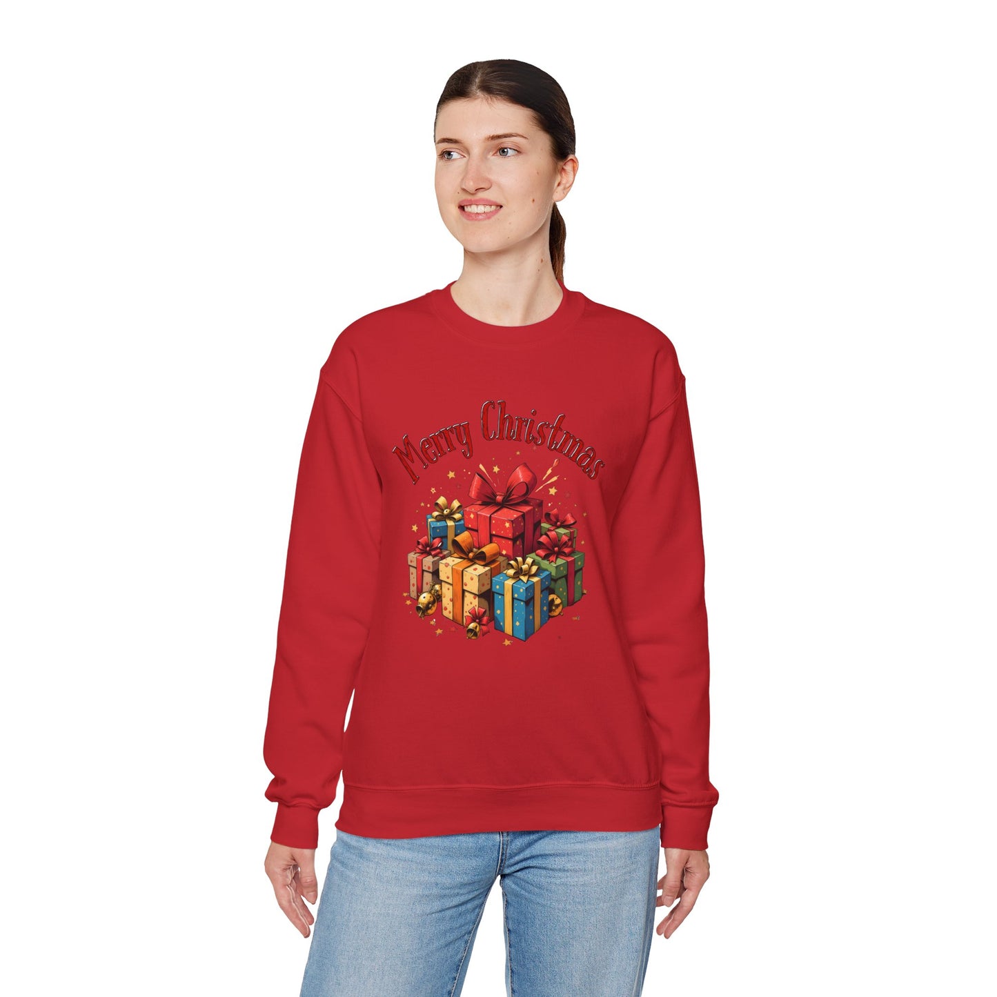 Christmas Crewneck Sweatshirt — "Merry Christmas" with Festive Gift Pile