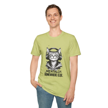 T-Shirt — Cat with Headphones "Mentally: Somewhere Else" – Cute Relaxed Graphic Tee for Cat Lovers