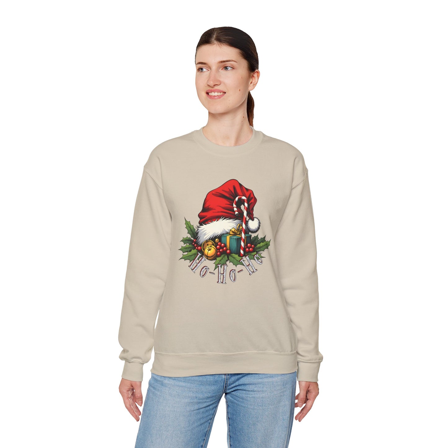 Christmas Sweatshirt - 'Ho-Ho-Ho' Santa Hat & Holly Holiday Crewneck