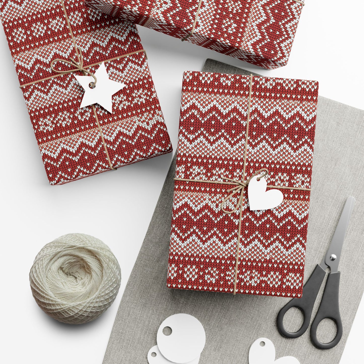 Holiday Knit-Pattern Gift Wrap Paper — Red Nordic Christmas Wrapping Sheets