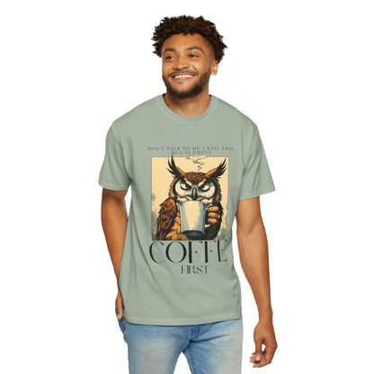 Coffee First Owl T-Shirt — Vintage Coffee Lover Graphic Tee