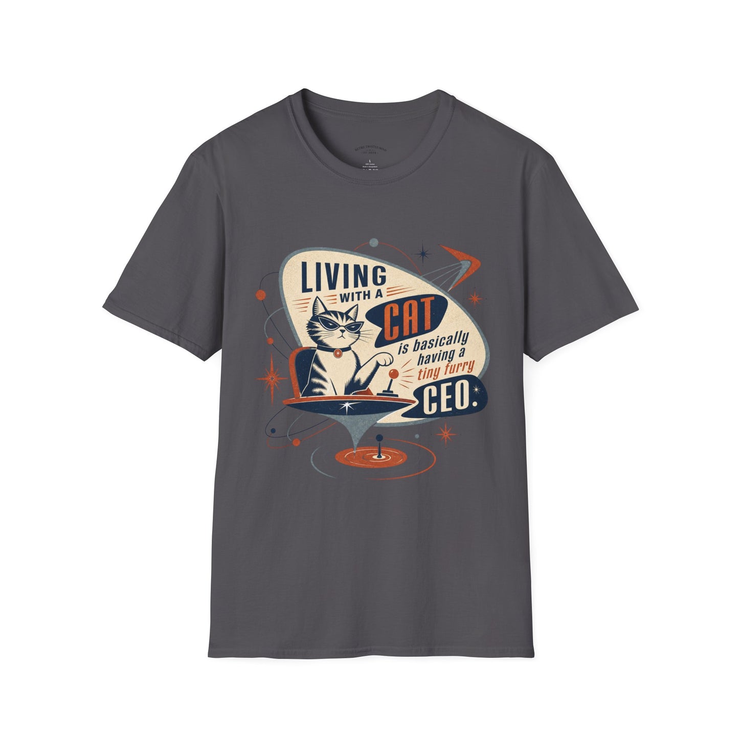 Cat T-Shirt — "Living with a Cat is Basically Having a Furry CEO" Retro Graphic