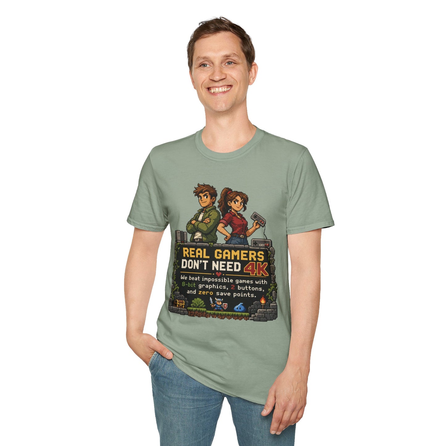 T-Shirt — Retro Pixel 'Real Gamers Don't Need 4K' Graphic Tee