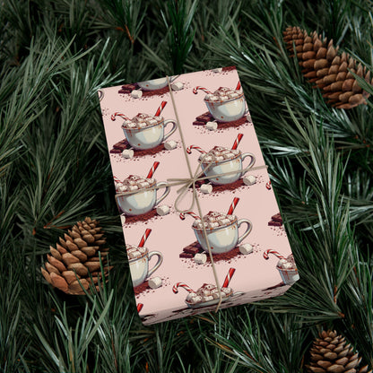 Tea Cup Pattern Gift Wrap Paper — Pink Hot Cocoa & Candy Cane Holiday Wrapping Paper