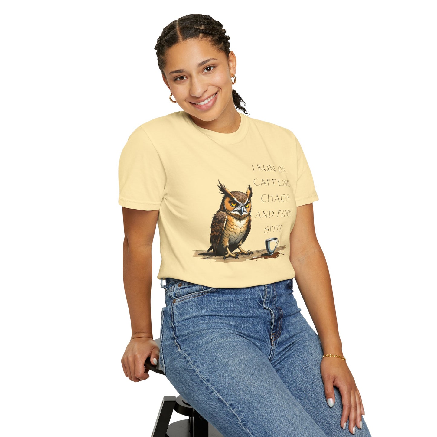 Owl & Coffee T‑Shirt — "I Run On Caffeine, Chaos, And Pure Spite" Graphic Tee