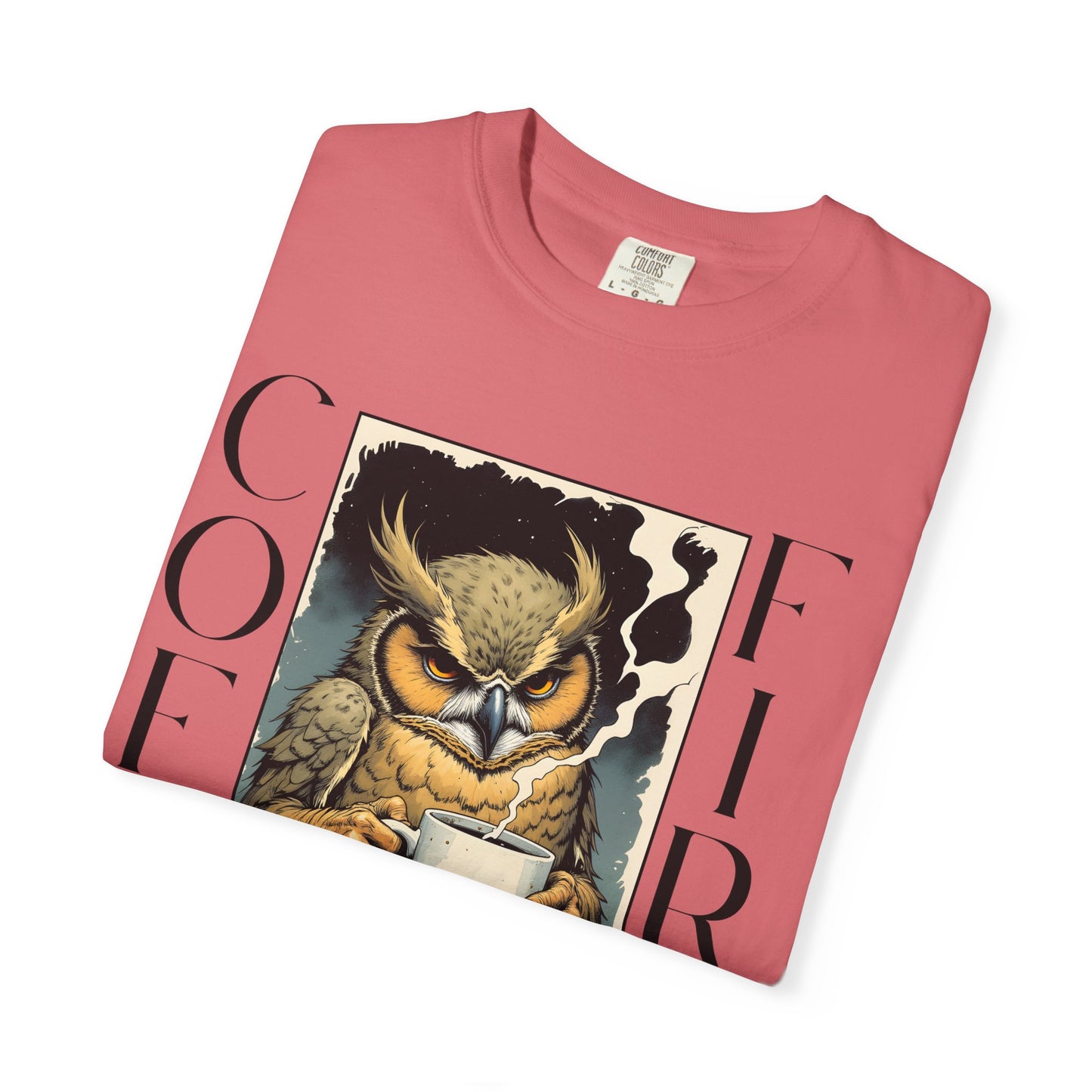 Coffee First Owl T-Shirt — Vintage Owl Holding  Graphic Tee