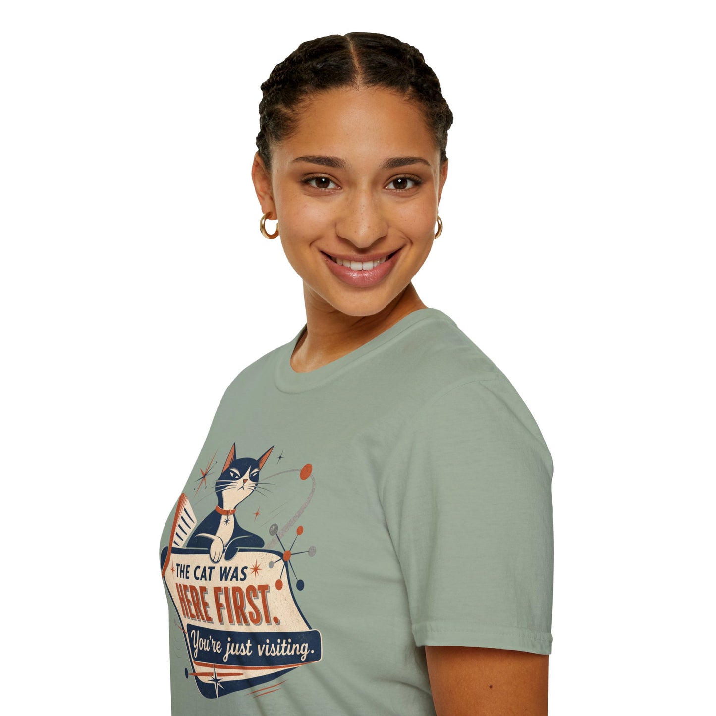 Cat Was Here First T-Shirt — Retro Mid-Century Kitty "You’re Just Visiting" Tee