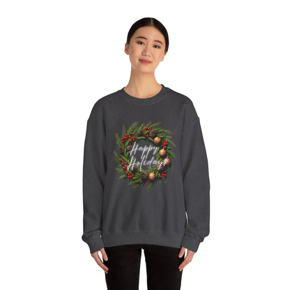 Christmas Wreath Crewneck Sweatshirt – Festive Pine & Ornaments Holiday Sweater