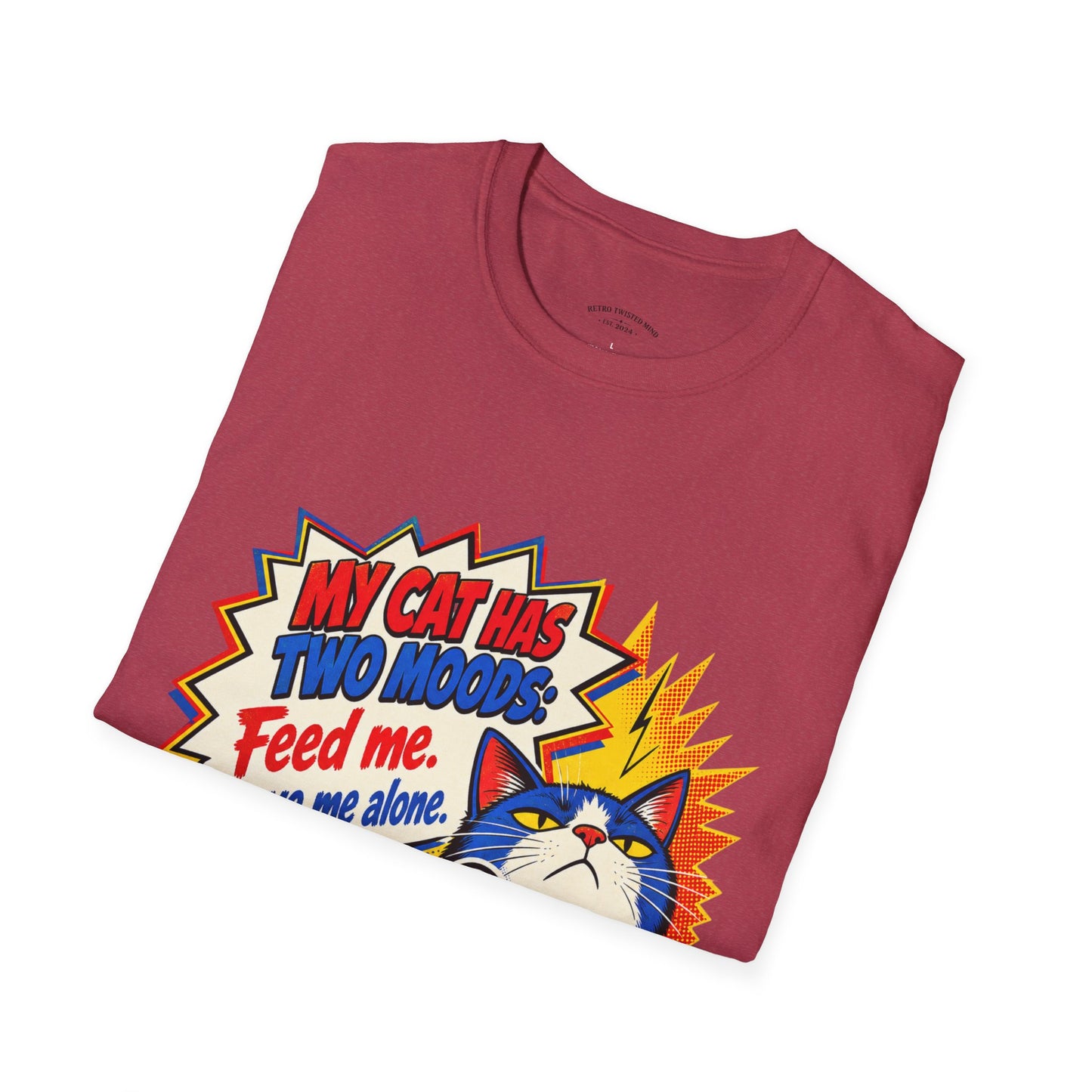 Cat T-Shirt — "My Cat Has Two Moods: Feed Me, Leave Me Alone" Funny Retro Comic Tee