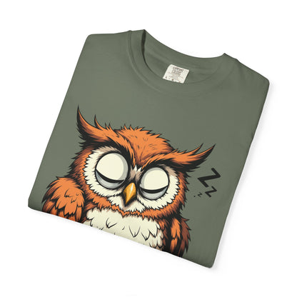 Sleepy Owl Coffee T-Shirt — "Gimme a Minute" Cute Morning Tee