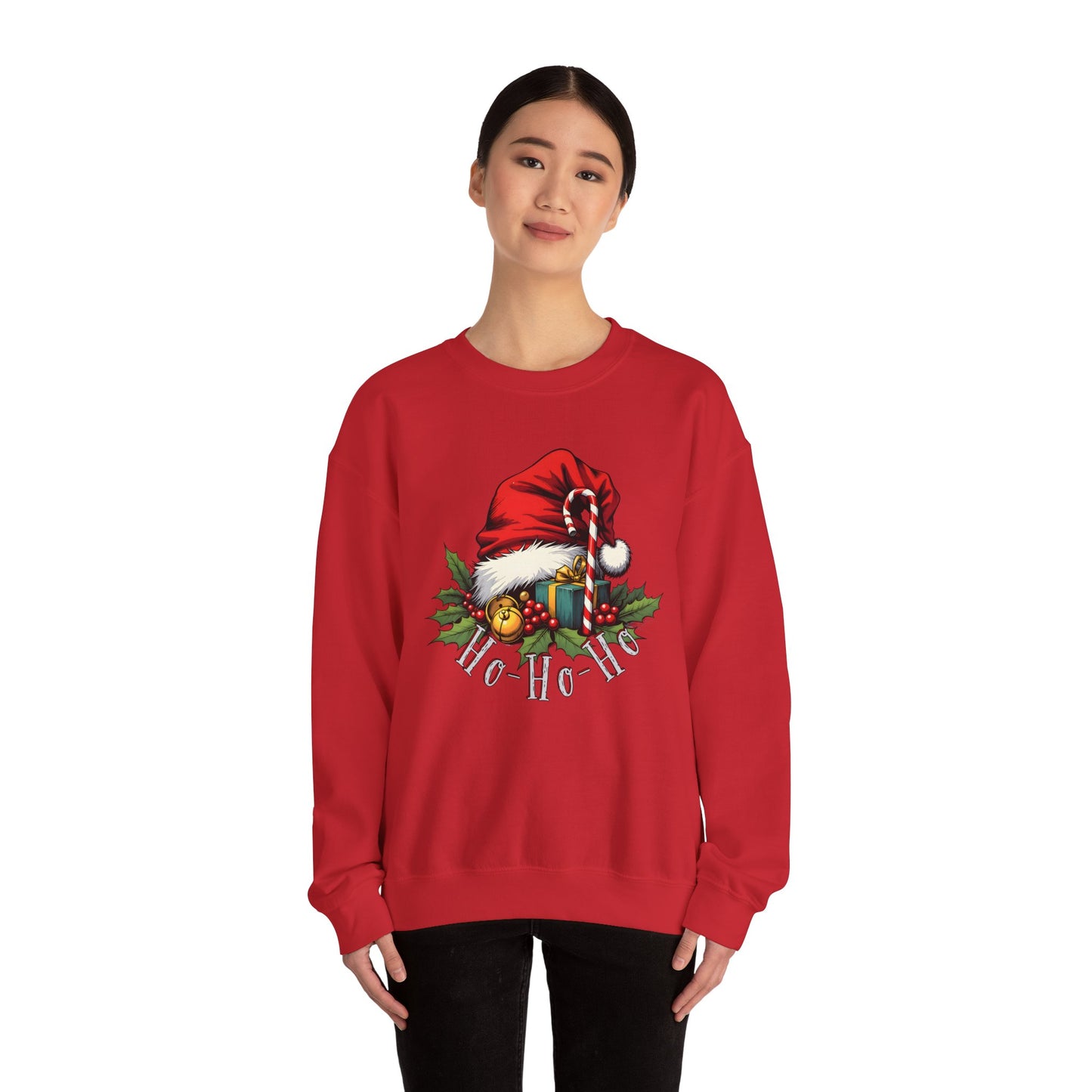Christmas Sweatshirt - 'Ho-Ho-Ho' Santa Hat & Holly Holiday Crewneck