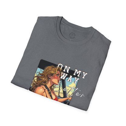 Vintage-Inspired Unisex Softstyle T-Shirt - 'On My Way to Better Life'woman driving,twisted