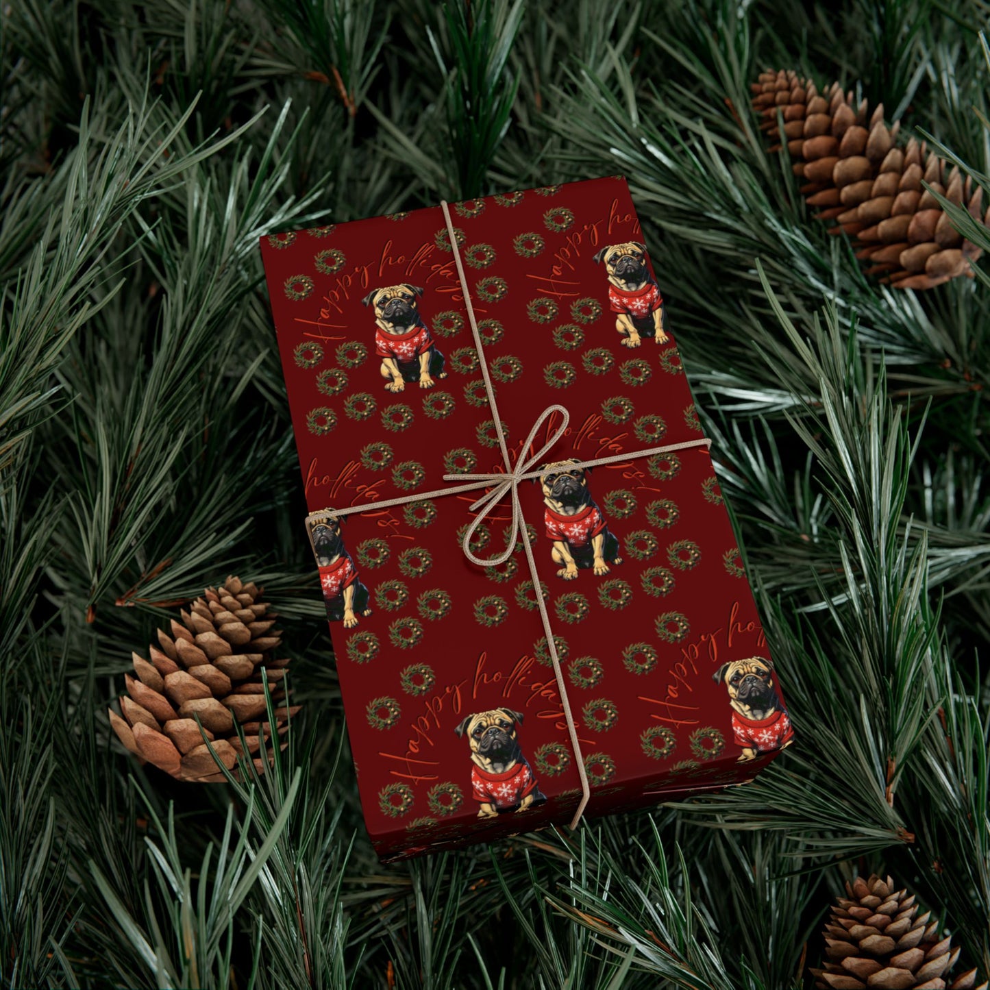Pug Pattern Gift Wrap Paper — Vintage Floral Red Holiday Wrapping