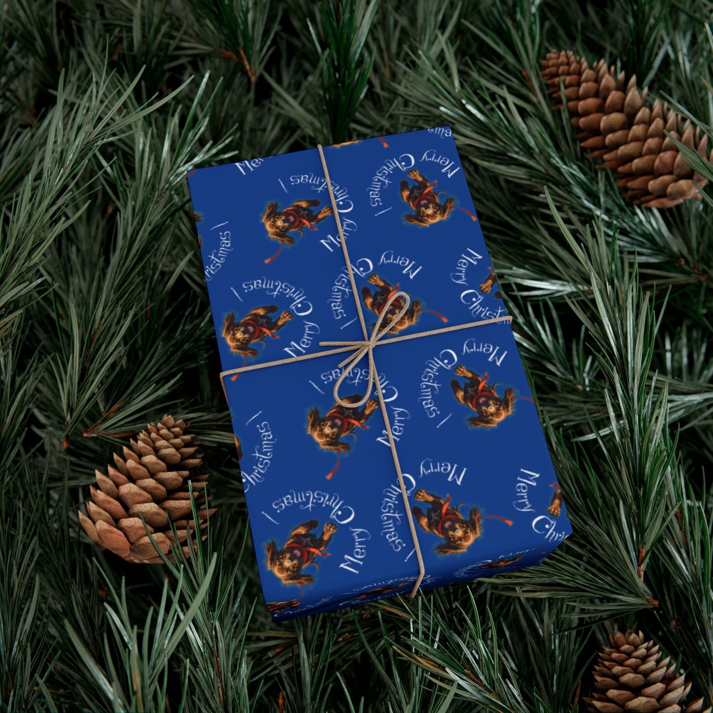 Blue Holiday Wrapping Paper with Reindeer & "Merry Christmas" Pattern