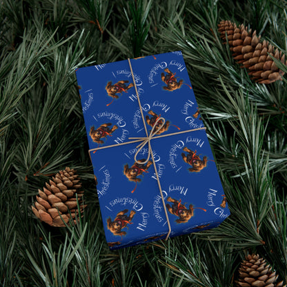 Blue Holiday Wrapping Paper with Reindeer & "Merry Christmas" Pattern