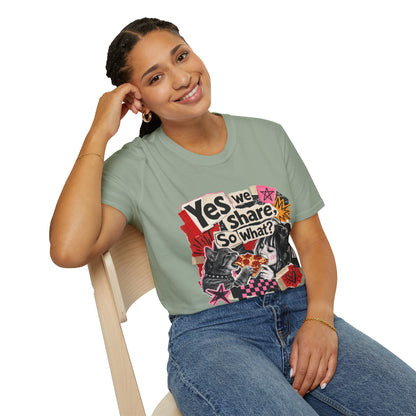 T-Shirt — "Yes We Share, So What?" Retro Collage Graphic Tee