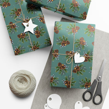 Pinecone & Evergreen Gift Wrap Paper — Holiday Floral Wrapping Sheets