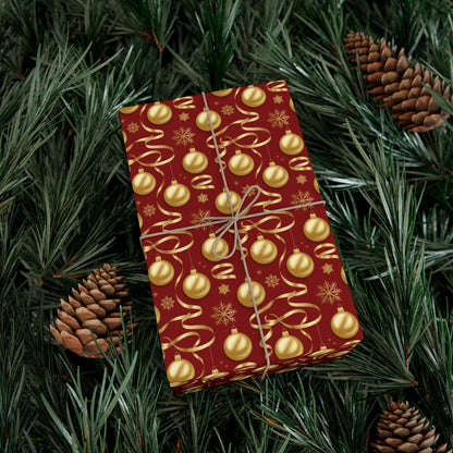 Christmas Gift Wrap Paper - Red & Gold Ornament Pattern, Holiday Wrapping Sheets