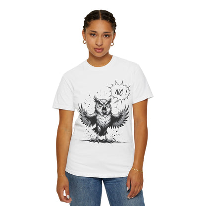Owl Saying “No” Graphic T-Shirt — Bold Monochrome Illustration