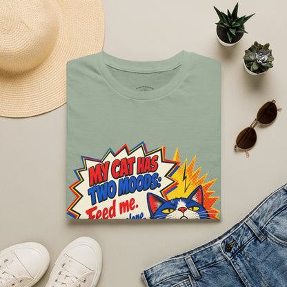 Cat T-Shirt — "My Cat Has Two Moods: Feed Me, Leave Me Alone" Funny Retro Comic Tee
